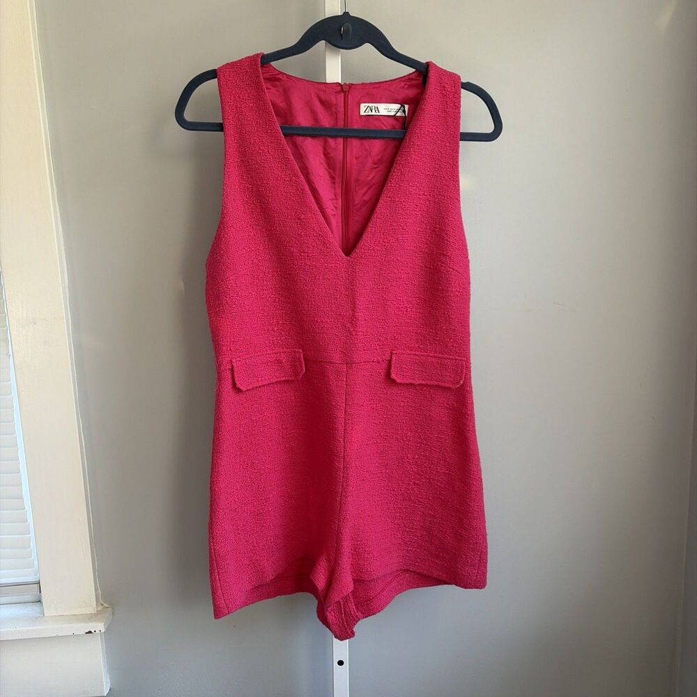 ZARA Fuchsia Tweed Textured Romper Playsuit Size M B21 - Picture 2 of 10